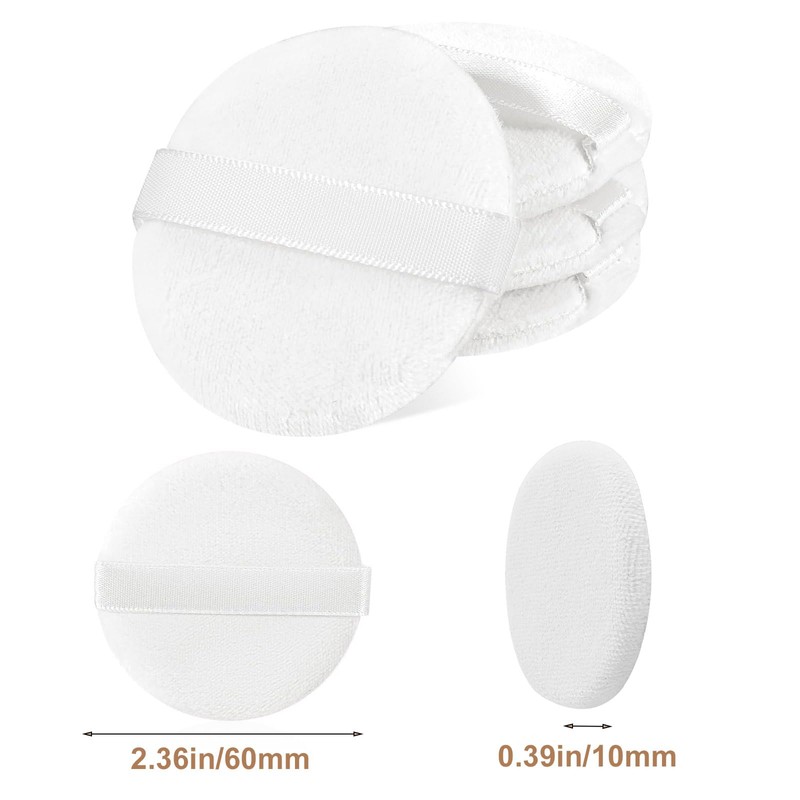 4個のメイクアップパウダーパフ、洗える2.36インチコットンメイクアップパウダーパフパッド、リボン付き、ルースパウダーファンデーションセッティングパウダーパフと液体化粧品用の白いラウンドビューティーメイクアップツール