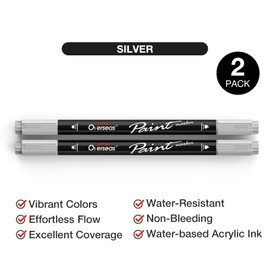 Overseas Silver Acrylic Paint Markers, 2 Pack Dual Tip Paint Pens Acrylic Markers with Dot and Brush Tip, No Bleeding Coloring Marker for Wood, Rock, Canvas, Glass, Metal, Ceramic, Plastic, Fabric