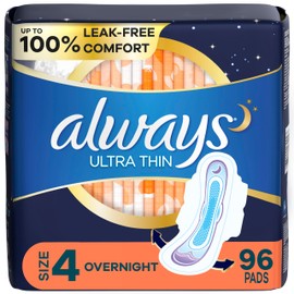 Always Always Ultra Thin Overnight Pads with Wings, Size 4, Overnight, 96 Count