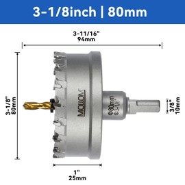 Mollom (80mm | 3-1/8'') Heavy Duty Carbide Hole Saw, Hole Cutter cuts Stainless Steel, mild Steel, Iron, Copper, Brass, Plastic