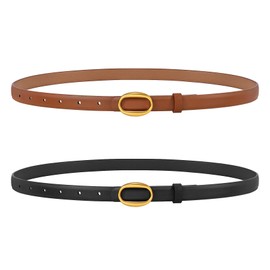 JASGOOD 2 Pack Women Leather Skinny Belt, Ladies Thin PU Leather with Alloy Buckle for Jeans Pants Dresses,Black+Brown