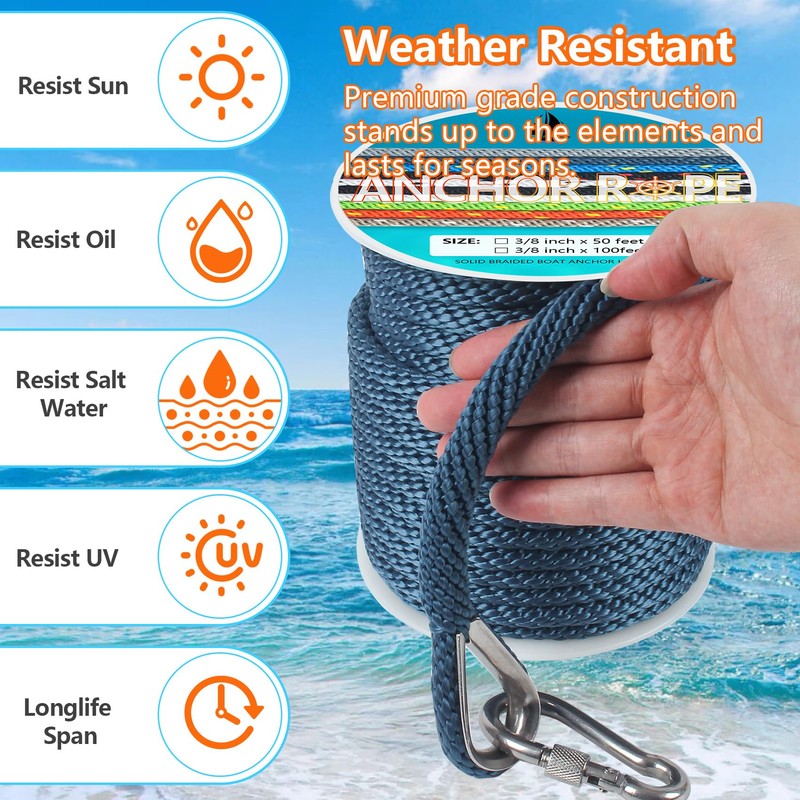 3/8 Inch 100 FT Anchor Rope, Boat Anchor Rope Solid