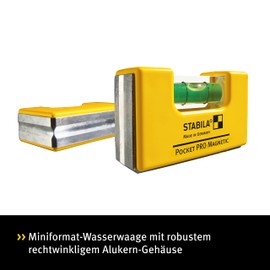 STABILA Pocket PRO Magnetic mini spirit level with belt clip, 7 cm, strong rare earth magnet, 1 horizontal level, made in Germany, yellow, 15 x 8 x 20 cm