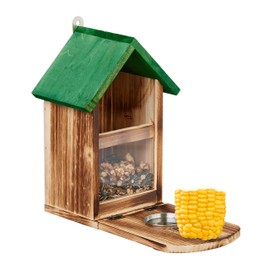 Relaxdays 1 x Wooden Squirrel Feeder with Corn Cob Holder Bowl Seat Platform Natural/Green