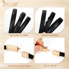 JASGOOD Thin Ladies Waist Belt for Dresses Jeans Pants, Skinny Womens Belt with Antique Gold Buckle Black+Brown Fit Waist Size Up to 46 Inches