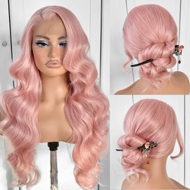 MITIMES 13x6 Pink Wigs Glueless HD Lace Front Wigs Pre Plucked Synthetic Body Wave Wear And Go Lace Front Wig For Cosplay Party Light Pink Wig With Natural Hairline For Fashion Women