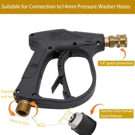 Pressure Washer Gun, 4350 PSI - Short Jet Washing Gun with M22 14mm Hose Connector and 5 Nozzles, 1/4" Quick Connect Adapter, Car Wash Gun for Karcher K1-K7