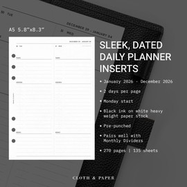 Cloth & Paper 2026 Dated Daily Planner Inserts - Monday Start | A5 Size 5.8 x 8.3 Inches | 6 Ring Planner Refills | 2 Days Per Page | Minimalist Daily Organizer Pages | Heavyweight Paper
