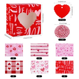 Fovths - Paquete de 36 cajas de galletas para el día de San Valentín con ventana para cupcakes, cajas de panadería de 4.5 x 4.5 x 2.5 pulgadas, con etiquetas y cuerda para cupcakes, donuts, regalos
