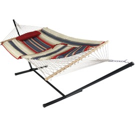 Sunnydaze Rope Hammock with Stand for Outside- 275-Pound Capacity - Includes 12-Foot Hammock Stand, Spreader Bar, Pad, and Pillow - Modern Lines