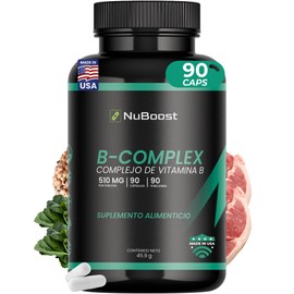 Nuboost Complejo B Completo - Vitamina B - 510 mg por Cápsula, 90 Cápsulas - Vitaminas B12, B1, B2, B3, B5, B6, B7 y B9 - Suplemento para Energía y Sa