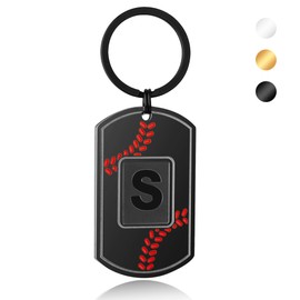 Miss Chipmunk Initial Keychain Gifts for Men,Baseball Letter Dog Tag Mens Keychain,Mens Accessories Christmas Gifts(Black S)