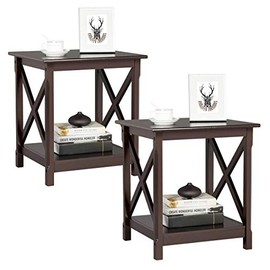 Topeakmart Set of 2 End Tables Sofa Side Tables with Storage Shelf, Classic X-Design Side Table for Living Room, L20xW18xH22, Dark Coffee