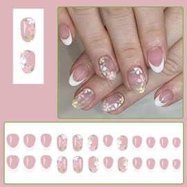 YEFIUO Spring Oval Press On Nails Short - 24 Pcs Pink Extra Short Oval Almond Fake Nails Press ons,White French Nail Tips Acrylic Nail Kit,Artificial Acrylic False Nails with Flowers Design for Women