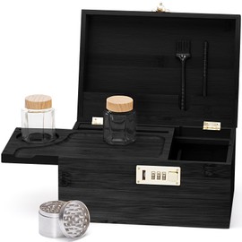 Youpehom Large bamboo box, locked storage decorative box with combination lock, wooden lock box with lid, wooden locked storage box with removable tray and jars (Black)