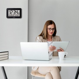 Marathon Designer Atom Wall Clock | Digital Wall Clock with Indoor Temperature, Humidity & Alarm | 12/24 Hours | Polished Acrylic Bezel | Crystal Frame