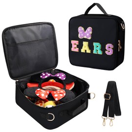 Chenille Letter Bow Mouse Ears Travel Case, Park Ears Headband Holder Hair Accessories Organizer Bag for Girls Women Kids Adults, Large Makeup Bag Snack Bags with Zipper for Travel Picnic - Black