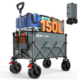 Blomoba Collapsible Wagon Cart, 150L Heavy Duty Foldable Beach Wagon with Wider Wheels & Auto-Rebound Handle, Utility Grocery Shopping Cart for Garden, Shopping, Camping, Sports, Gray