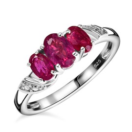 TJC Ruby 3 Stone Ring Ring for Women in Platinum Plated 925 Sterling Silver Size S Red Gemstone July Birthstone