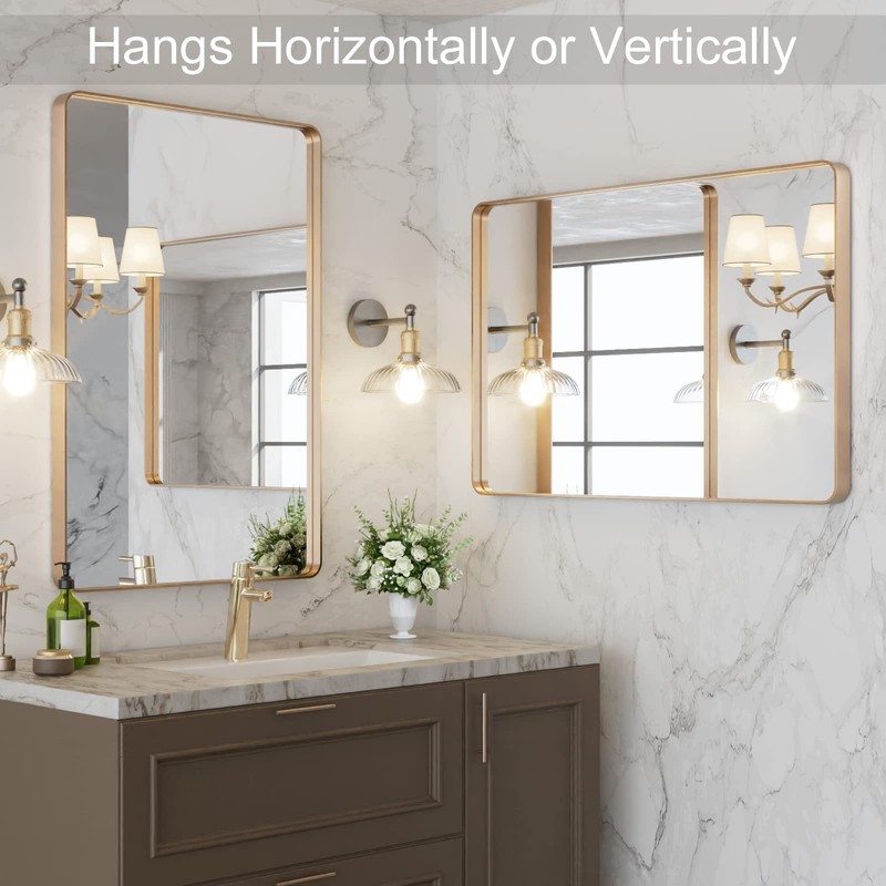 LOAAO 24”X32” Gold Bathroom Mirror, Rounded Rectangle Gold Frame Mirror,
