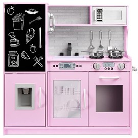 CC-Peach 【Limited time deal】Pretend Play Kitchen Wooden Toy Set for Kids w/Realistic Design, Telephone, Utensils, Oven, Microwave, Sink - Color: Pink