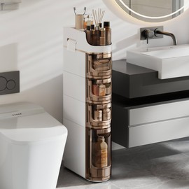 VECELO 4-Tier Slim Bathroom Storage Cabinet with Wheels, Skinny Bathroom Storage Cabinet with Drawers, Toilet Paper Holder, Movable Narrow Floor Cabinet for Small Space, Bathroom