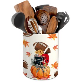 pinata Fall Football Kitchen Decor Ceramic Utensil Holder, Farmhouse Fall Football Pumpkin Utensils Holder, Ceramic Utensils Crock for Rustic Indoor Kitchen Decorations(6.3 Inches)