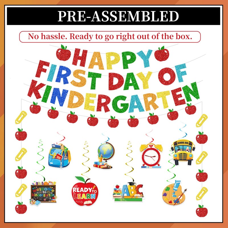 First Day of Kindergarten Decorations Banner with Hanging Swirls