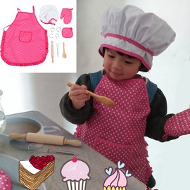 Children Chef Set, DIY Cooking Baking Suit Toys Set Pretend Play Clothes Apron Gloves Hat Cooker with Utensils for Girls Children's Day Gift