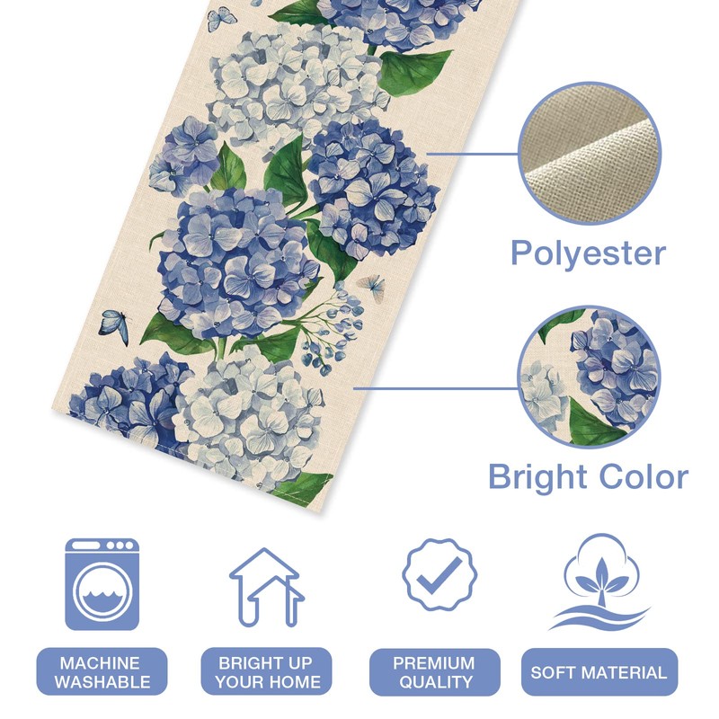 Seliem Spring Hydrangea Floral Flowers Table Runner, Blue Butterfly Kitchen