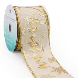CT CRAFT LLC Merry Christmas - Cinta con cable, Lona Marfil/Oro, 2.5" x 10 Y, 1