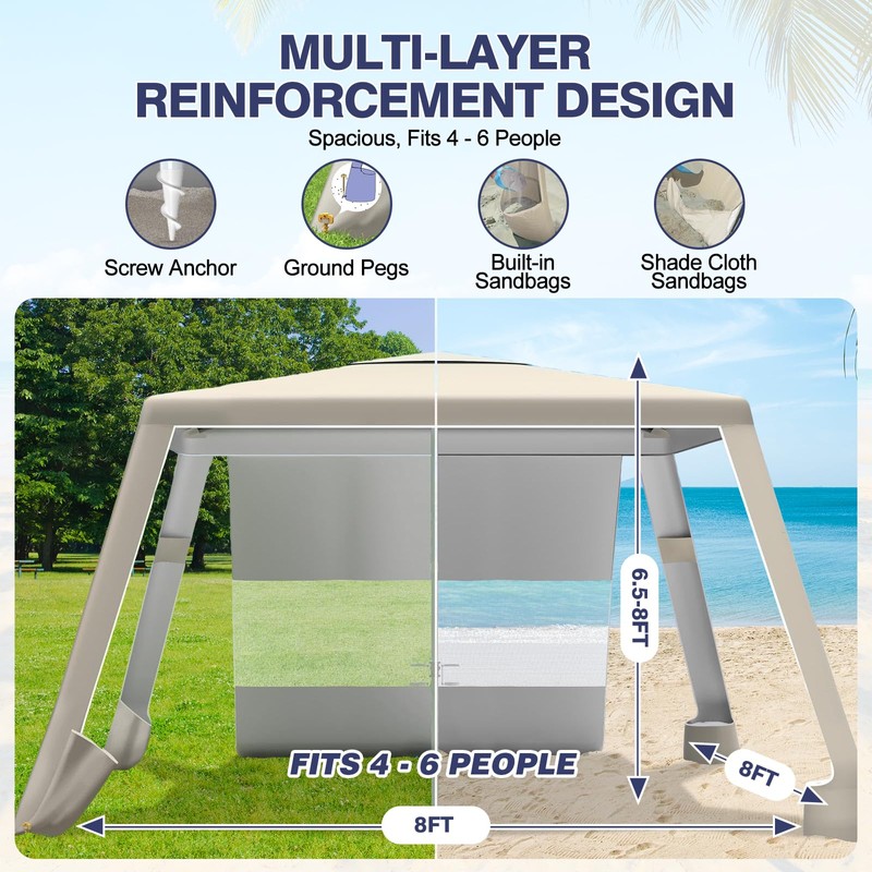 8'×8' Beach Tent, UPF 50+ Beach Canopy Sun Shelter for