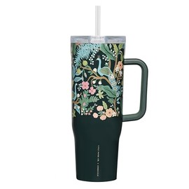 Corkcicle x Rifle Paper Co. Cruiser Insulated Tumbler with Handle & Straw, Peacock Blue, 40 oz – Cupholder Friendly Water Bottle Keeps Drinks Cold 20hrs, Hot 9hrs