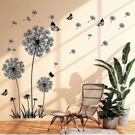 Runtoo Black Dandelion Wall Art Stickers Large Flower Butterfly Wall Decals Bedroom Living Room Wall Decor