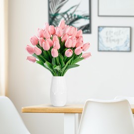 Sggvecsy 30 Pcs Fake Tulips Artificial Flowers Real Touch PU Faux Flowers Tulip Stems for Wedding Spring Bouquet Floral Arrangement Home Party Office Decorations for Mother's Day (Milk Pink)