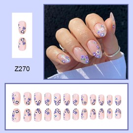 Flower Press on Nails Medium Length, Almond Shape Nude Artificial Fake Nails Set, Acrylic Fingernails False Nails with Blue Purple Floral Designs, Full Cover Reusable Flower Fake Glue Nails for Women