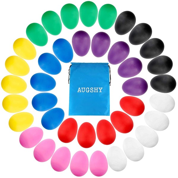 Augshy 40 Pieces Plastic Egg Shakers Percussion Musical Egg Maracas with a Storage Bag for Toys Music Learning DIY Painting(8 Different Colors)
