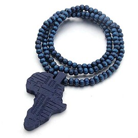 COLORFUL BLING Multicolor 8MM Wooden Bead Chain African Hip-hop Africa Map Pendant Necklace for Men Natural Wood Jewelry-blue