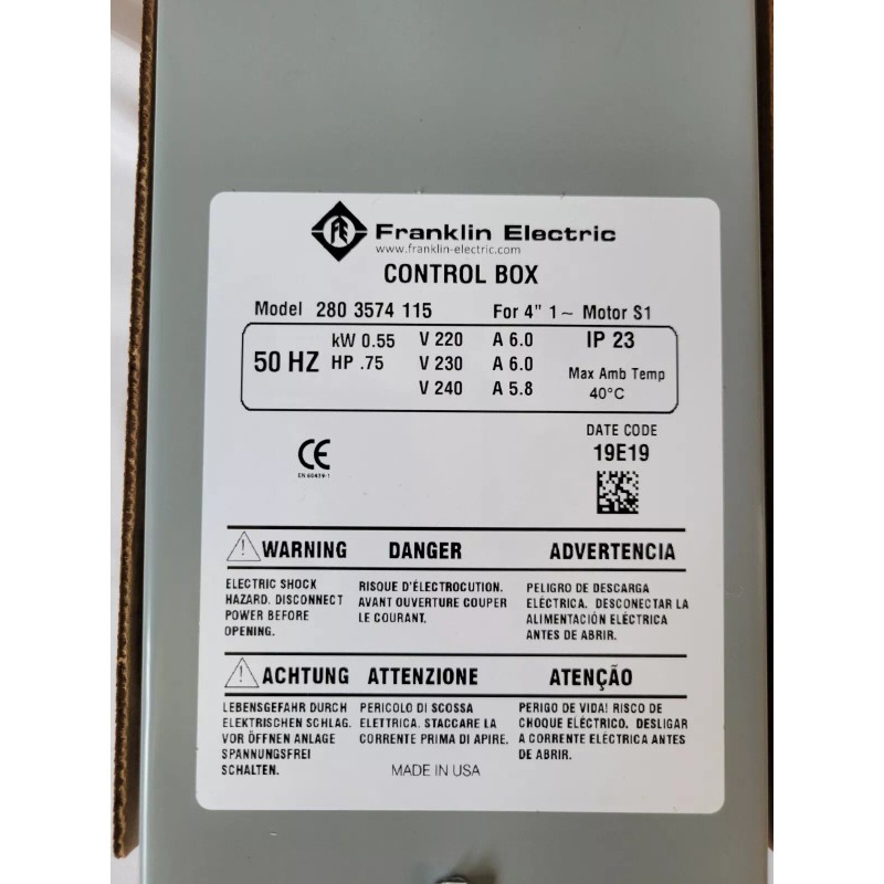 Franklin Electric 0.75 HP 50 Hz 220V Control Box 280