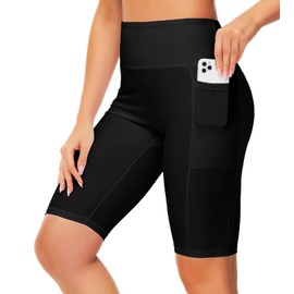 AOBUTE - Pantalones cortos largos para mujer de 9 pulgadas/10 pulgadas/11 pulgadas, de cintura alta, UPF 50+ con bolsillos, Negro -, Large