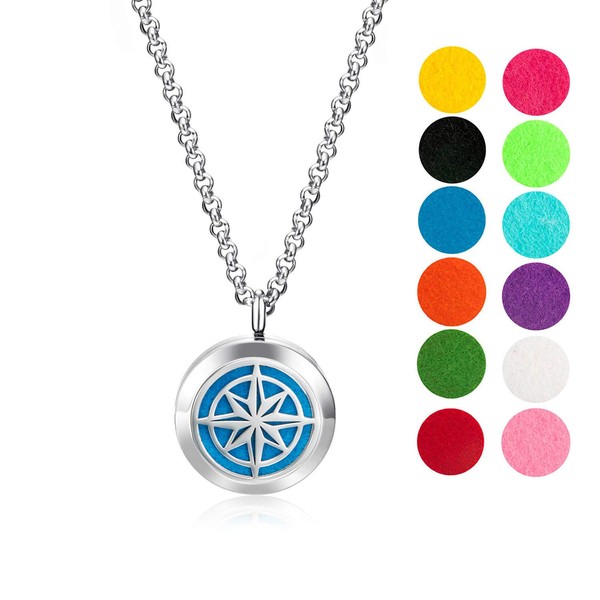 Wild Essentials Nautical Star Essential Oil Diffuser Necklace, Stainless Steel Locket Pendant with 24 inch Chain, 12 Color Refill Pads, Customizable Color Changing Perfume Jewelry for Aromatherapy