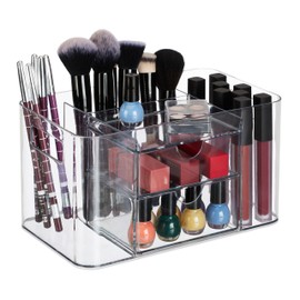 Relaxdays Cosmetics, 4 Compartments, 2 Drawers, H x D: 13 x 24.5 x 14.5 cm, Make-Up Organiser, Plastic, Transparent