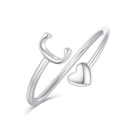 Initial Rings for Teen Girls Women, Heart Initial Ring Adjustable Silver Rings for Women Girls Cute Dainty Letter A Heart Ring Jewelry Birthday Gifts for Daughter Mom Sister Wife Friends Grandma