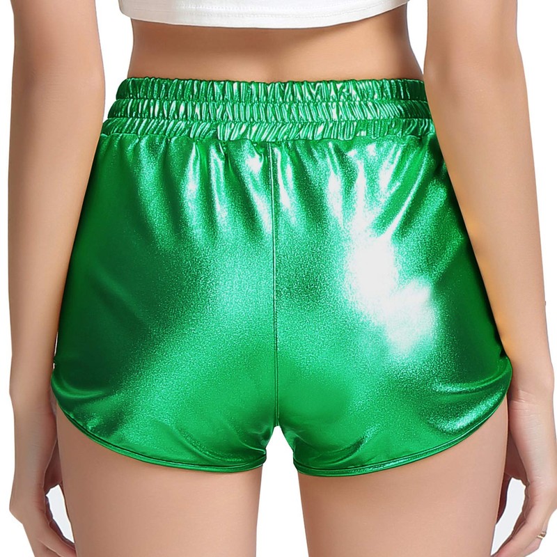 Perfashion Pantalones cortos metálicos brillantes para mujer, Verde, 2-4