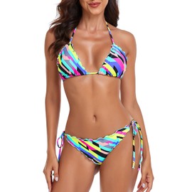 RELLECIGA Women's Wavy Triangle Bikini Set Brazilian Swimwear (Large,Neon Striped)