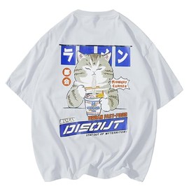 Aelfric Eden Mens Oversized Ramen Cat Graphic Tees Streetwear Casual Summer Tops T-Shirt Unisex White XL