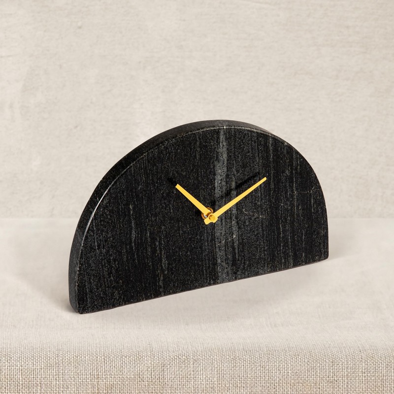 Bloomingville Decorative Half Moon Marble Mantel Clock, Black and Gold