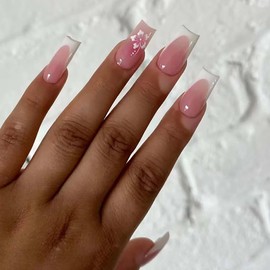 24 Pack of Cute Flower French False Nails - Medium Square Shape, Shiny Acrylic Manicure with Nail Art Decorations for Women and Girls