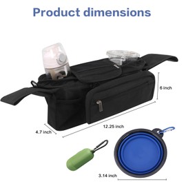 Dog Stroller Bag with Shoulder Strap, Universal Dog Stroller Caddy Organizer with Poop Bag Dispenser, Water Bowl, Insulated Cup Holders and Treat Pocket