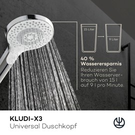 KLUDI -X3 Universal Shower Head Water-Saving Option Shower Head with 3 Jet Types (Body, Hair, Skin), Easy-to-Clean Shower Head Diameter 11.7 cm, Shower Head, Chrome